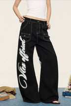 Black Graffiti Print Contrast Stitch Barrel Jeans