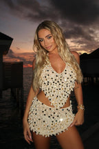 Beaded Shell Applique Crochet Halter Top Bodycon Mini Skirt Set
