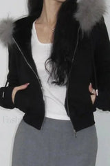 Fairy Fur Patchwork Double Zipper Hoodie Black / S
