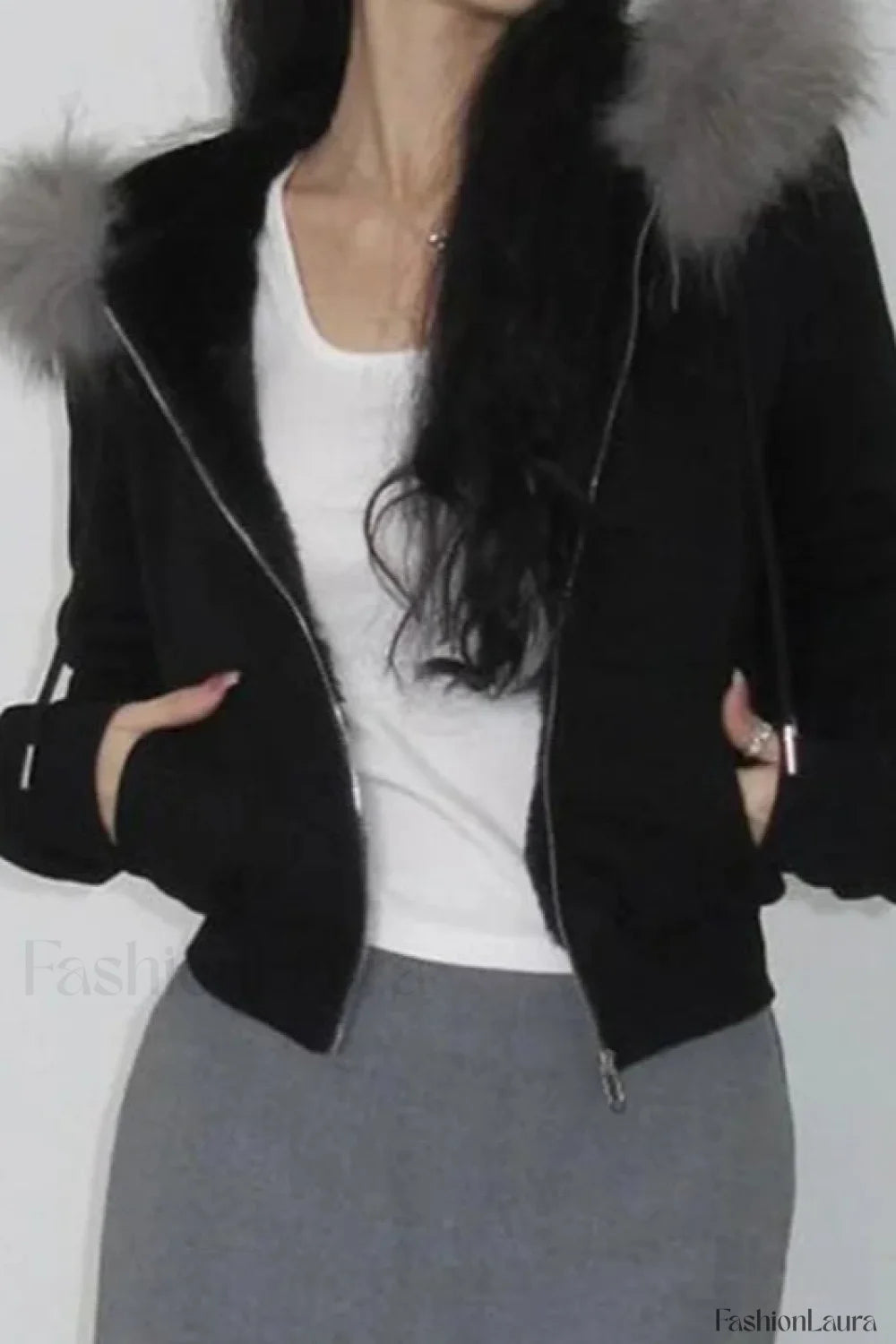 Fairy Fur Patchwork Double Zipper Hoodie Black / S