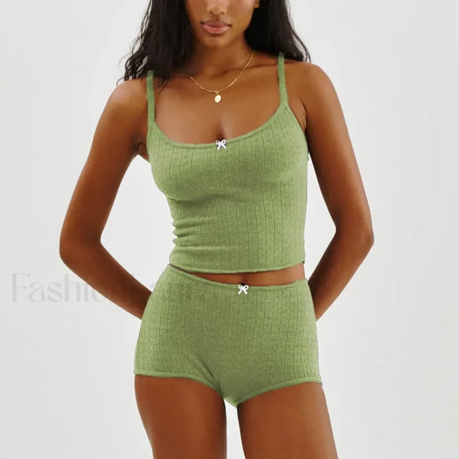 Fairy Grunge Lace Trim Tube Top Shorts Two Piece Set Green / S Main image