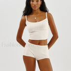 Fairy Grunge Lace Trim Tube Top Shorts Two Piece Set White / S