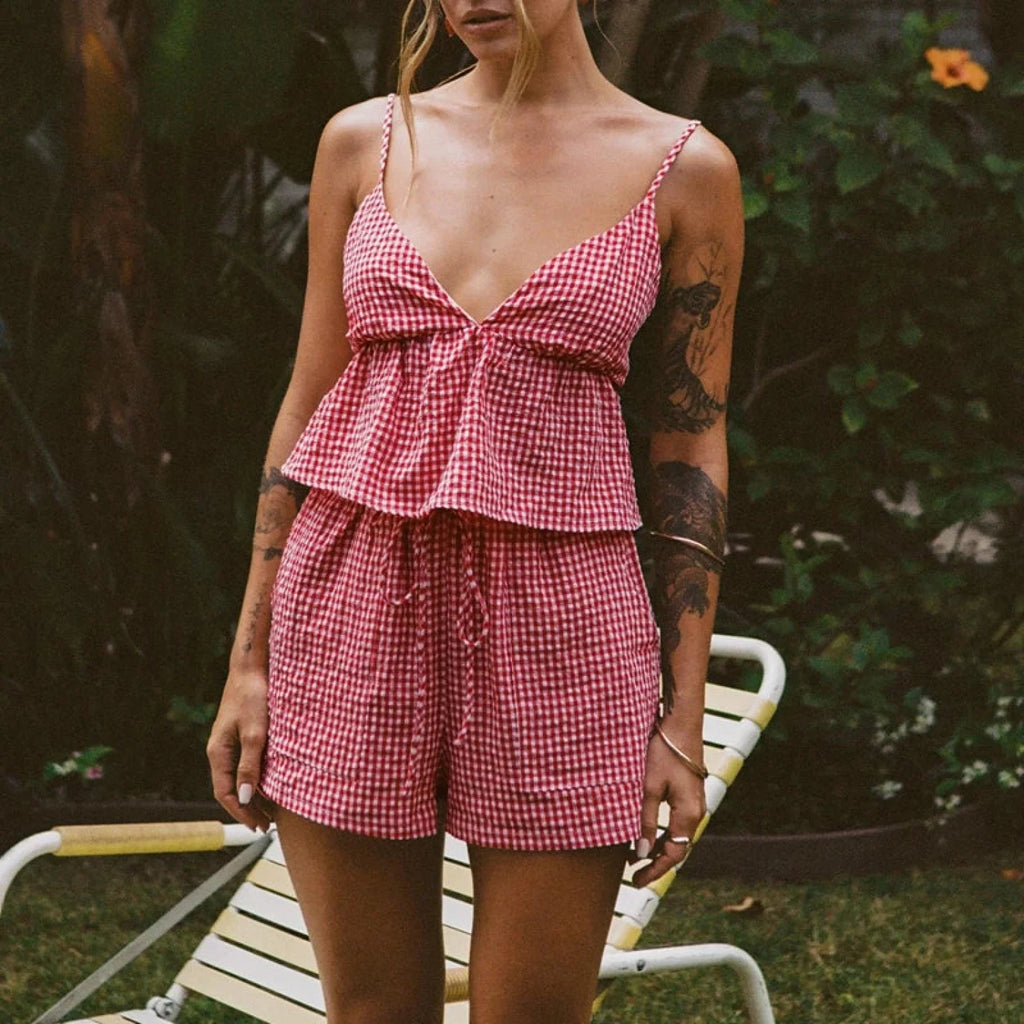 Fairy Plaid Crop Shorts Two Piece Set Red / S