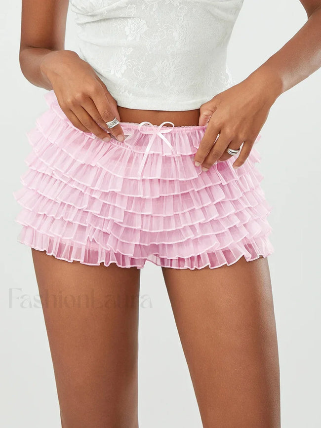 Fairycore Multi Layer Mesh Low Rise Bowknot Ruffle Short Main image