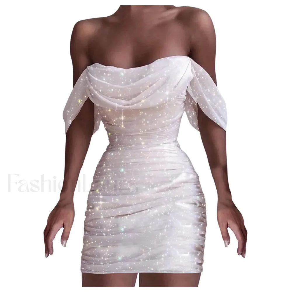 Fall For Women 2024 Sexy Off Shoulder Ruched Glitter Sparkly Sequin Straight Bodycon Slim White Prom Dress White / L