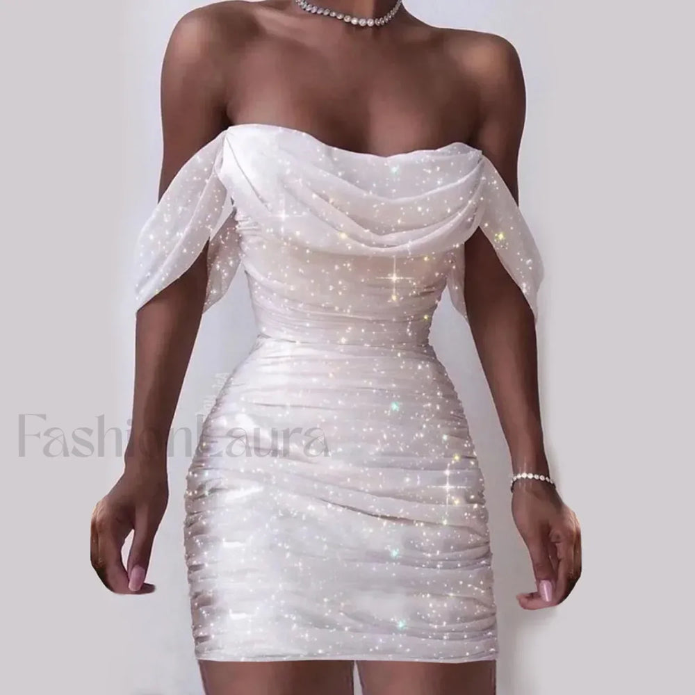 Fall For Women 2024 Sexy Off Shoulder Ruched Glitter Sparkly Sequin Straight Bodycon Slim White Prom Dress White / L