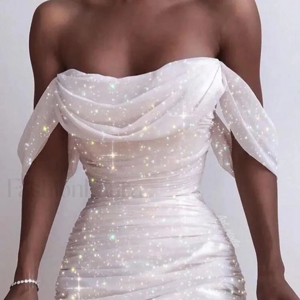 Fall For Women 2024 Sexy Off Shoulder Ruched Glitter Sparkly Sequin Straight Bodycon Slim White Prom Dress White / L