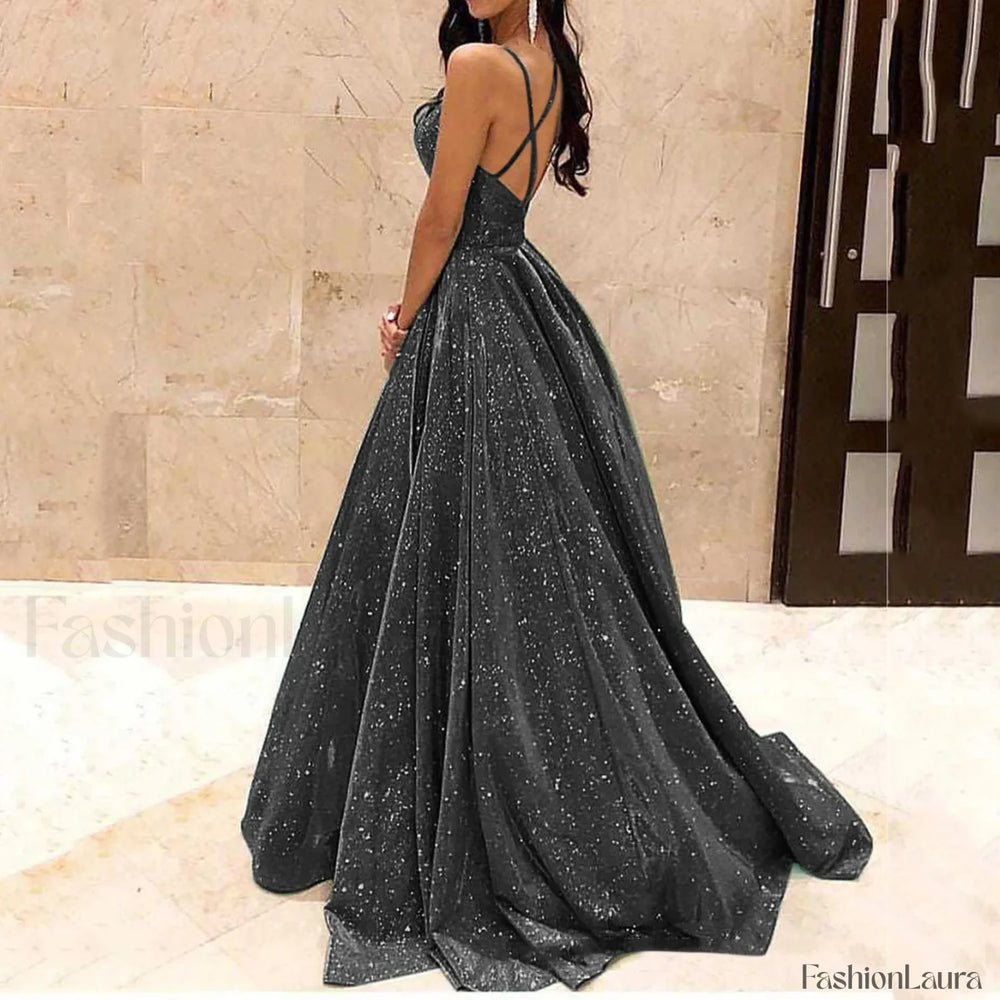 Fall For Women 2024 Spaghetti Strap Sleeveless Glitter Sequin Big Swing Formal Elegant Evening Prom Dress