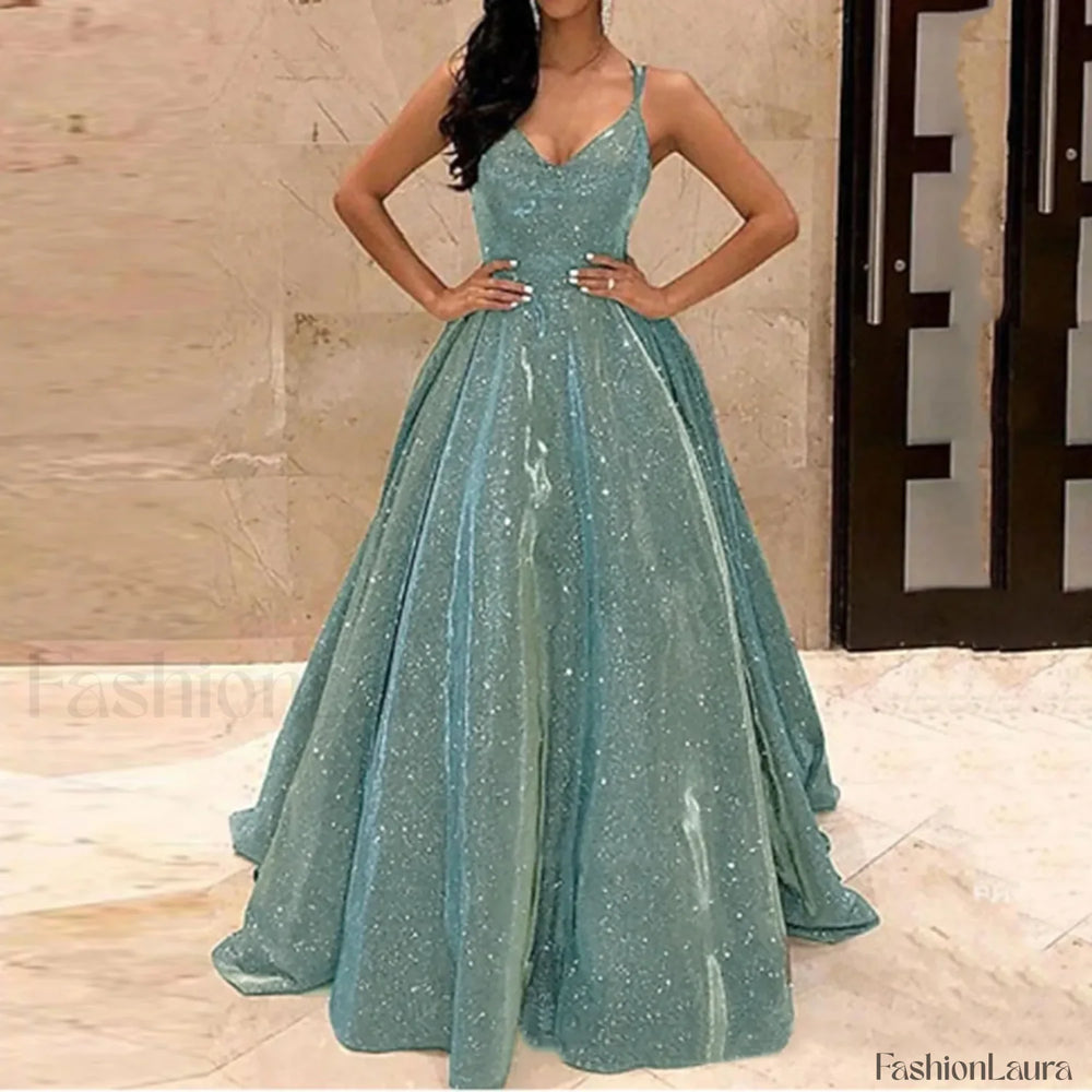 Fall For Women 2024 Spaghetti Strap Sleeveless Glitter Sequin Big Swing Formal Elegant Evening Prom Dress Green / S