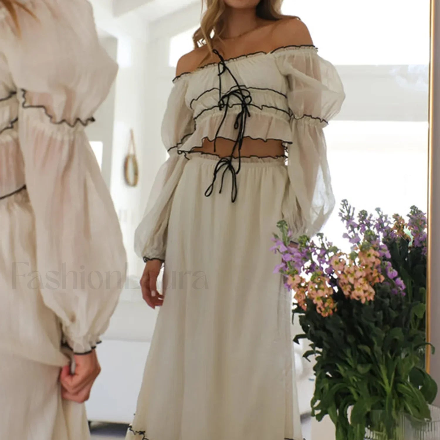 Fall Skirts Tie-up Off Shoulder Tops Elastic Waist Skirt Two Piece Set Secondary image