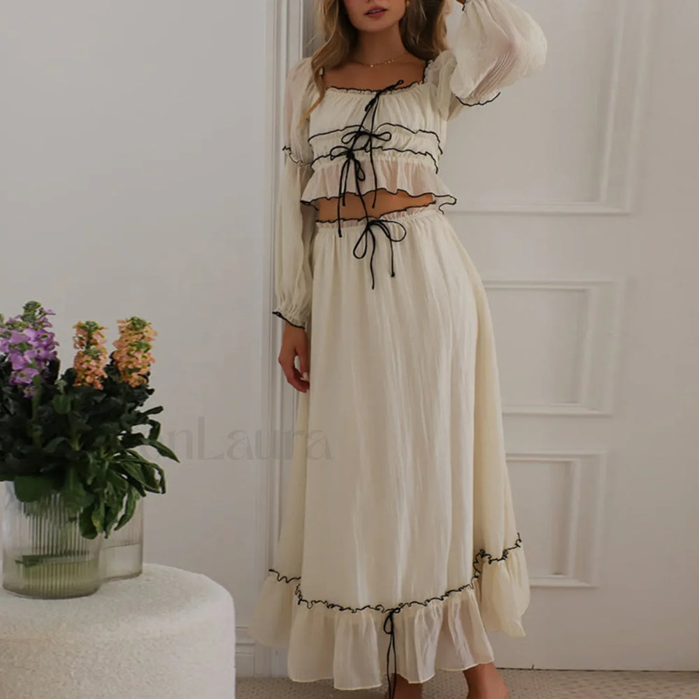 Fall Skirts Tie up Off Shoulder Tops Elastic Waist Skirt Two Piece Set