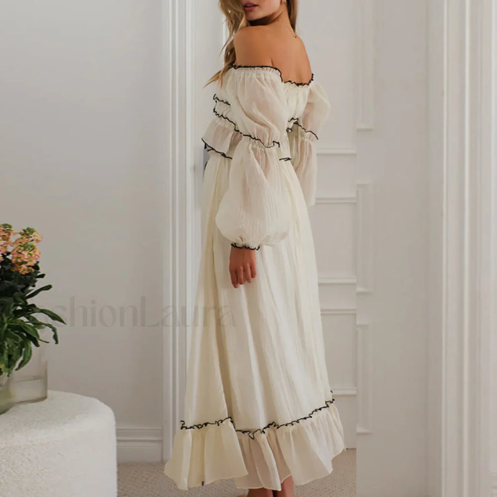 Fall Skirts Tie up Off Shoulder Tops Elastic Waist Skirt Two Piece Set