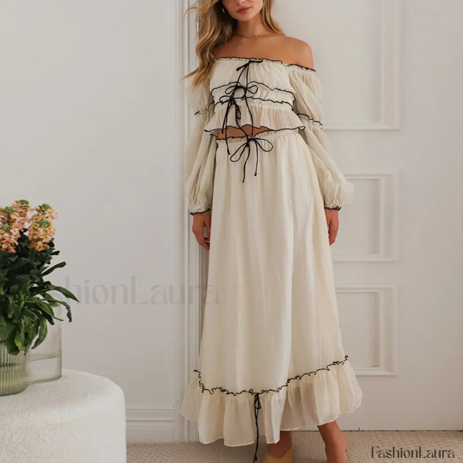 Fall Skirts Tie up Off Shoulder Tops Elastic Waist Skirt Two Piece Set S
