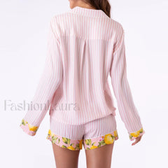 Fall Stripe/Fruit Print Button Shirt Drawstring Shorts Two Piece Set