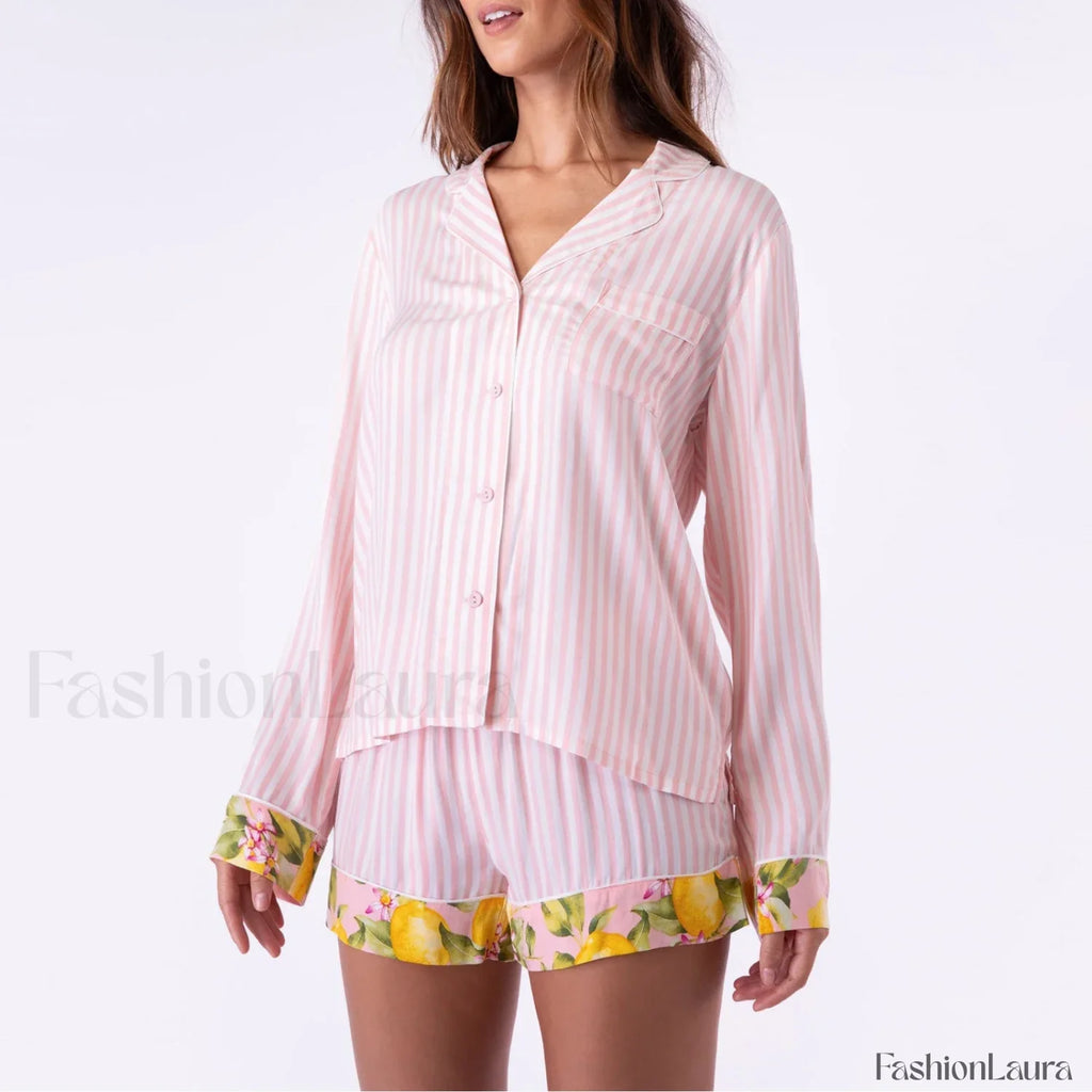 Fall Stripe/Fruit Print Button Shirt Drawstring Shorts Two Piece Set
