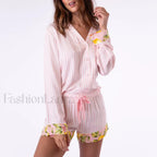 Fall Stripe/Fruit Print Button Shirt Drawstring Shorts Two Piece Set Pink / M