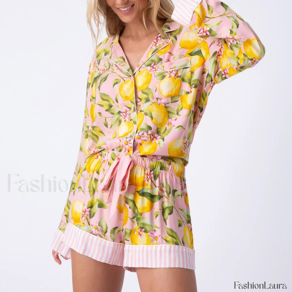 Fall Stripe/Fruit Print Button Shirt Drawstring Shorts Two Piece Set Pink / S