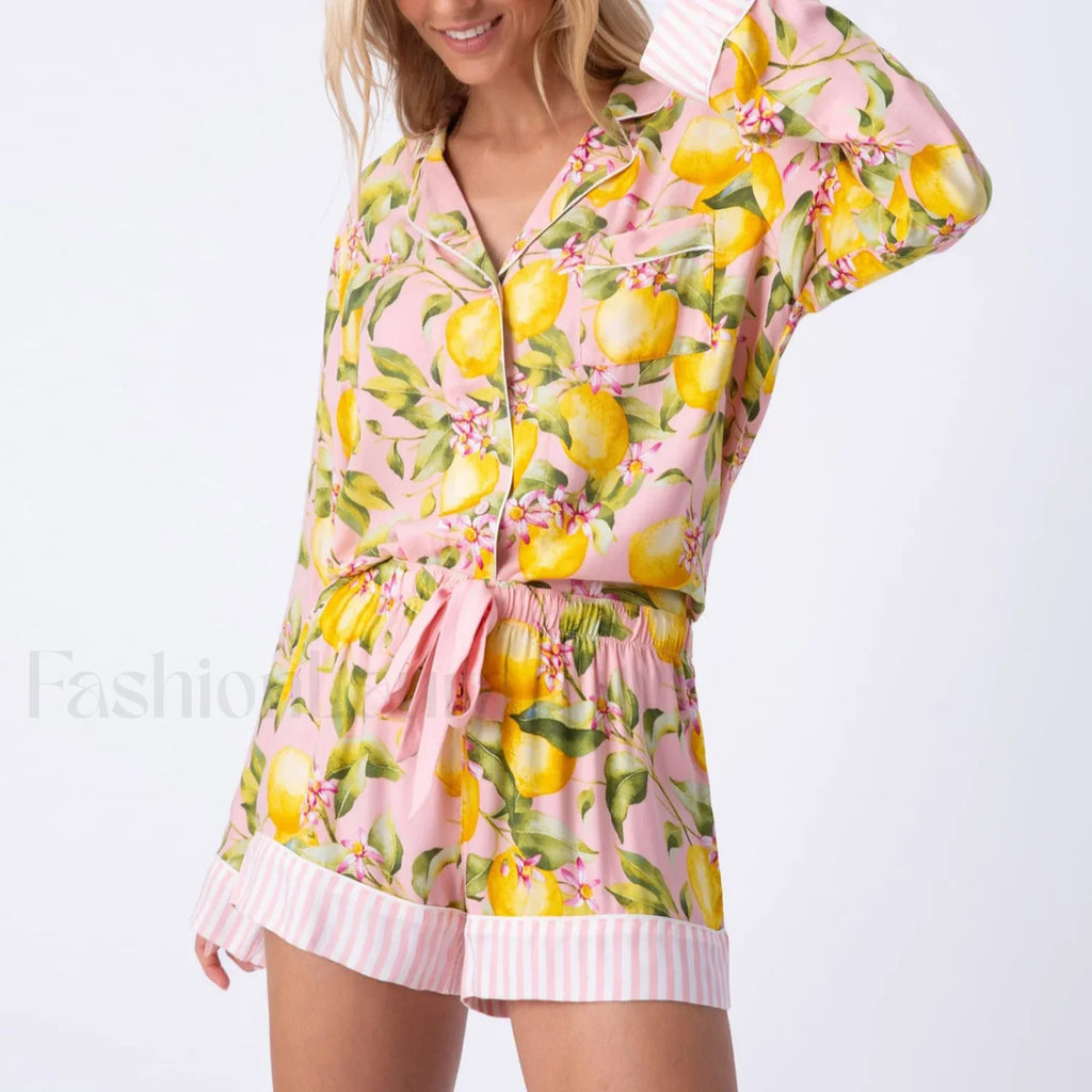 Fall Stripe/Fruit Print Button Shirt Drawstring Shorts Two Piece Set Pink / S