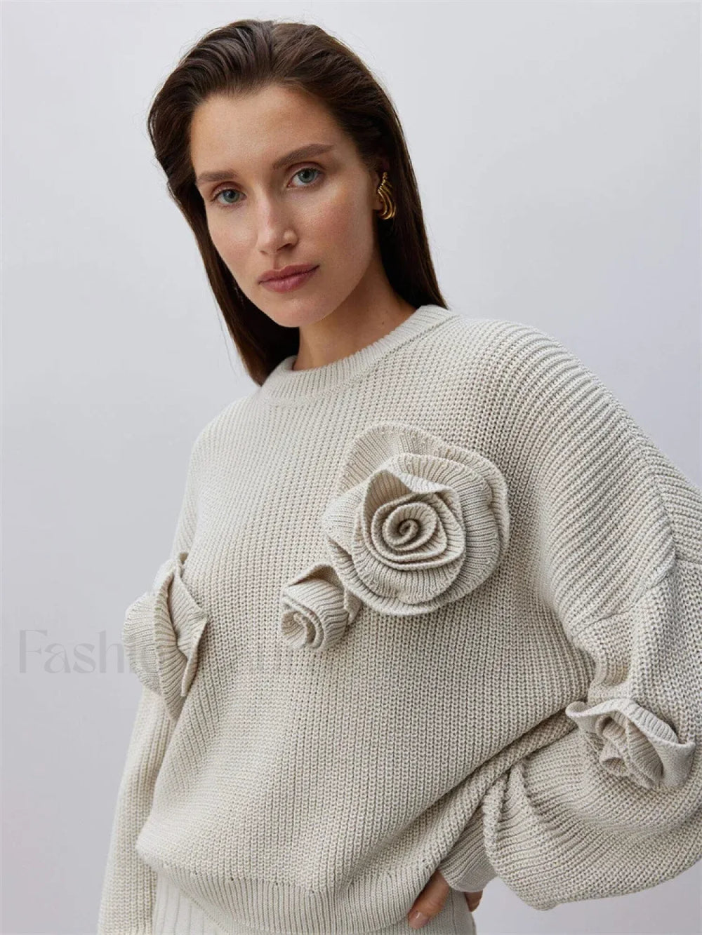 Fashion 3D Rose Round Neck Knitted Pullover Women Casual Long Sleeves Loose Sweater Sweaters L