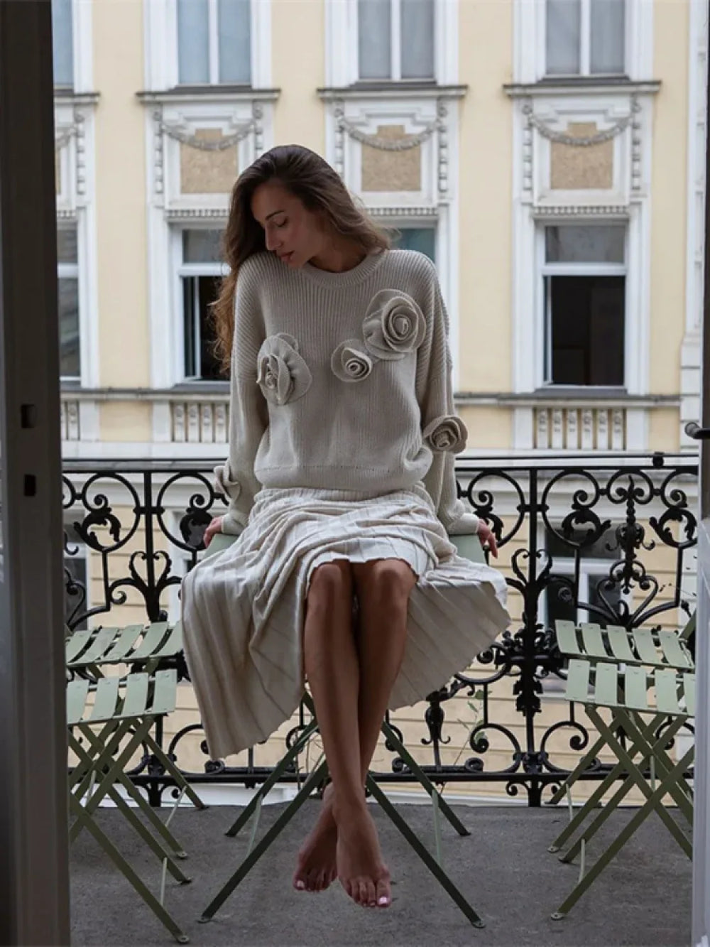 Fashion 3D Rose Round Neck Knitted Pullover Women Casual Long Sleeves Loose Sweater Sweaters L