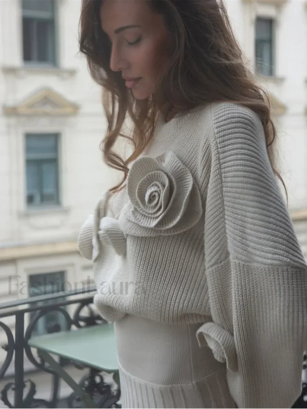 Fashion 3D Rose Round Neck Knitted Pullover Women Casual Long Sleeves Loose Sweater Sweaters L