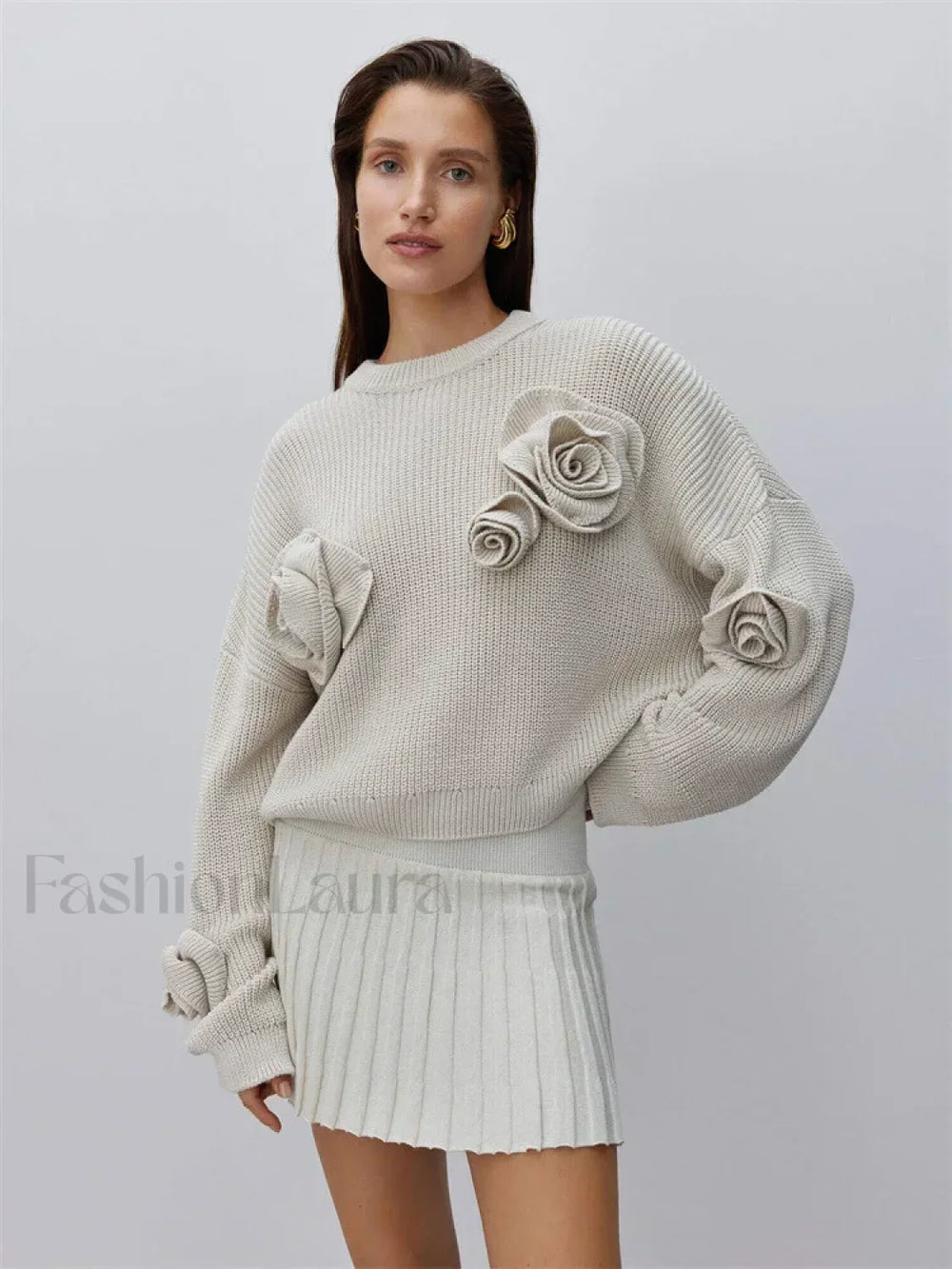 Fashion 3D Rose Round Neck Knitted Pullover Women Casual Long Sleeves Loose Sweater Sweaters L