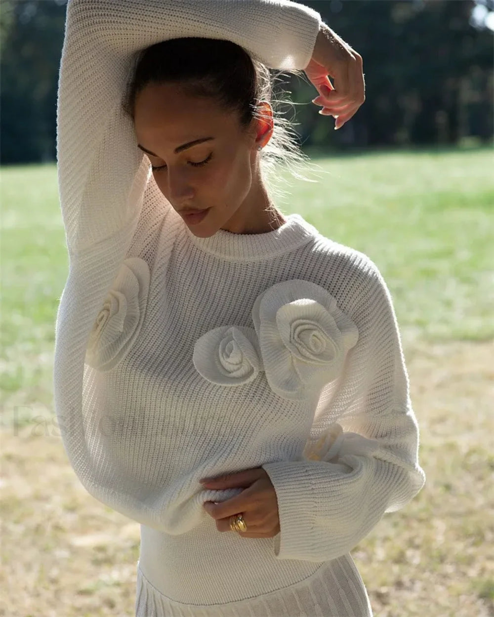 Fashion 3D Rose Round Neck Knitted Pullover Women Casual Long Sleeves Loose Sweater White / S Sweaters L