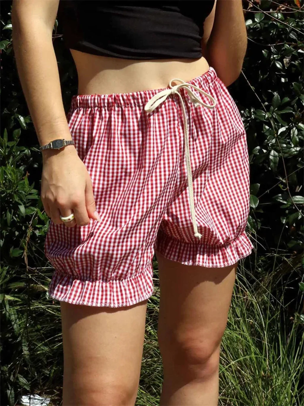 Fashion Bloomers Plaid Print Ruffle Drawstring Casual Short red / S
