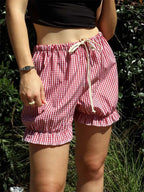 Fashion Bloomers Plaid Print Ruffle Drawstring Casual Short red / S