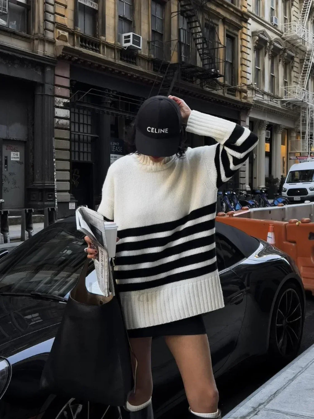 Fashion Contrast Stripe Women’s Knitted Pullover Elegant Turtleneck Long Sleeve Warm Sweater Sweaters L