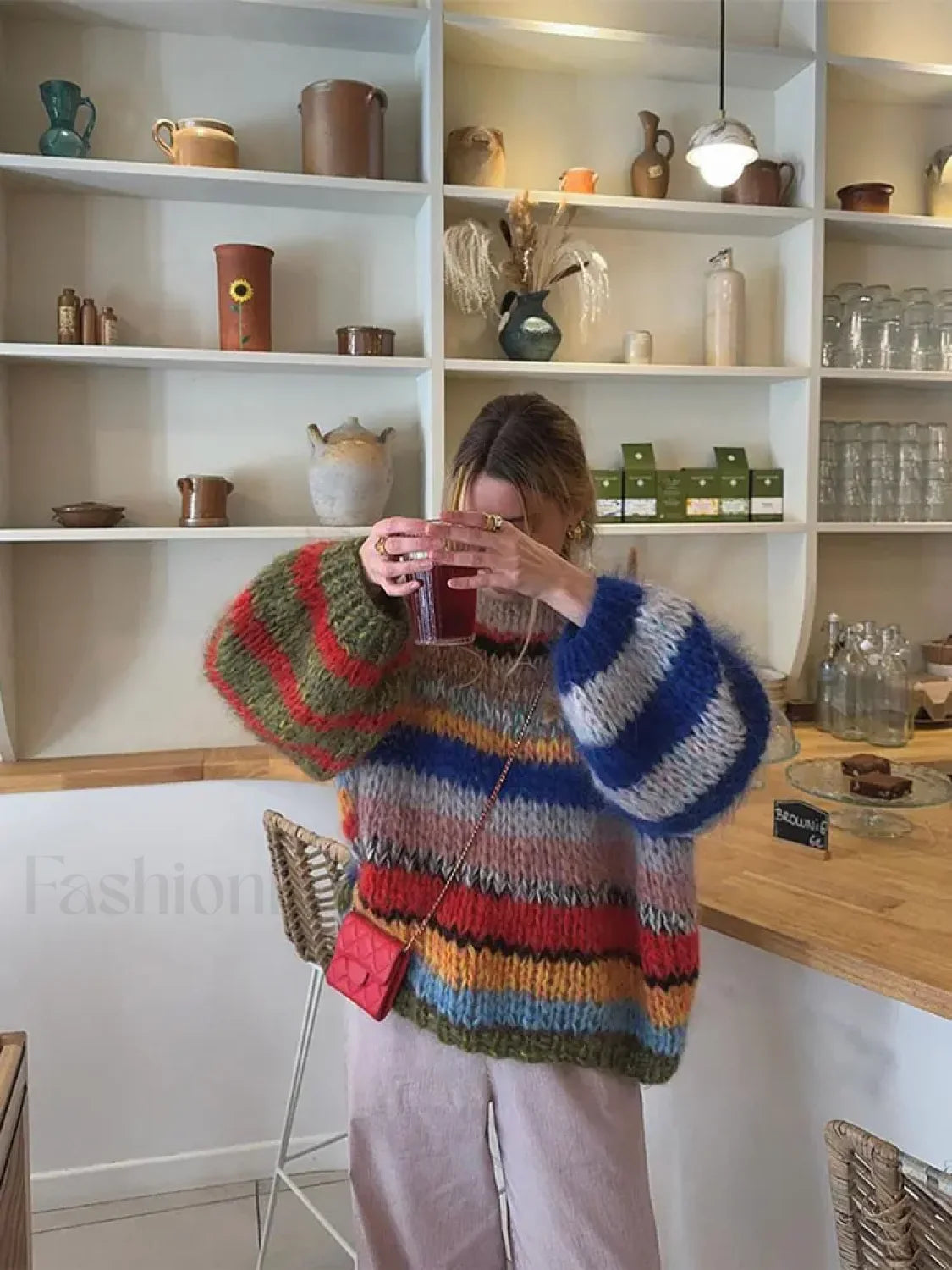 Fashion Contrasting O Neck Hollow Out Knitted Pullover Women Long Sleeve Loose Sweater COLORFUL / S Sweaters L