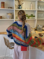 Fashion Contrasting O Neck Hollow Out Knitted Pullover Women Long Sleeve Loose Sweater Sweaters L