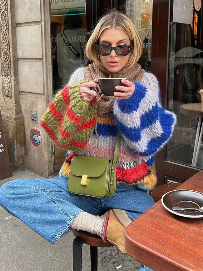 Fashion Contrasting O Neck Hollow Out Knitted Pullover Women Long Sleeve Loose Sweater Sweaters L Main image