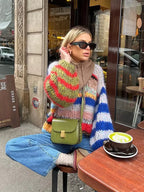 Fashion Contrasting O Neck Hollow Out Knitted Pullover Women Long Sleeve Loose Sweater Sweaters L