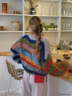 Fashion Contrasting O Neck Hollow Out Knitted Pullover Women Long Sleeve Loose Sweater Sweaters L