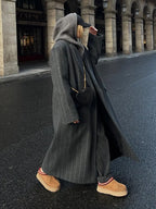 Fashion Dark Grey Stripe Lapel Double Breasted Overcoats