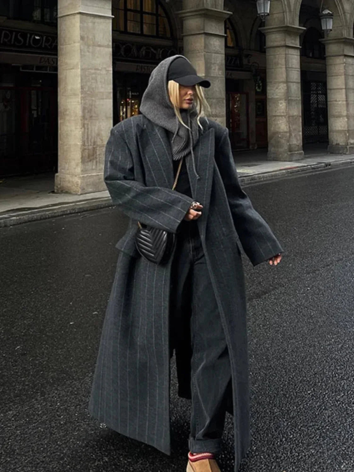 Fashion Dark Grey Stripe Lapel Double Breasted Overcoats Main image