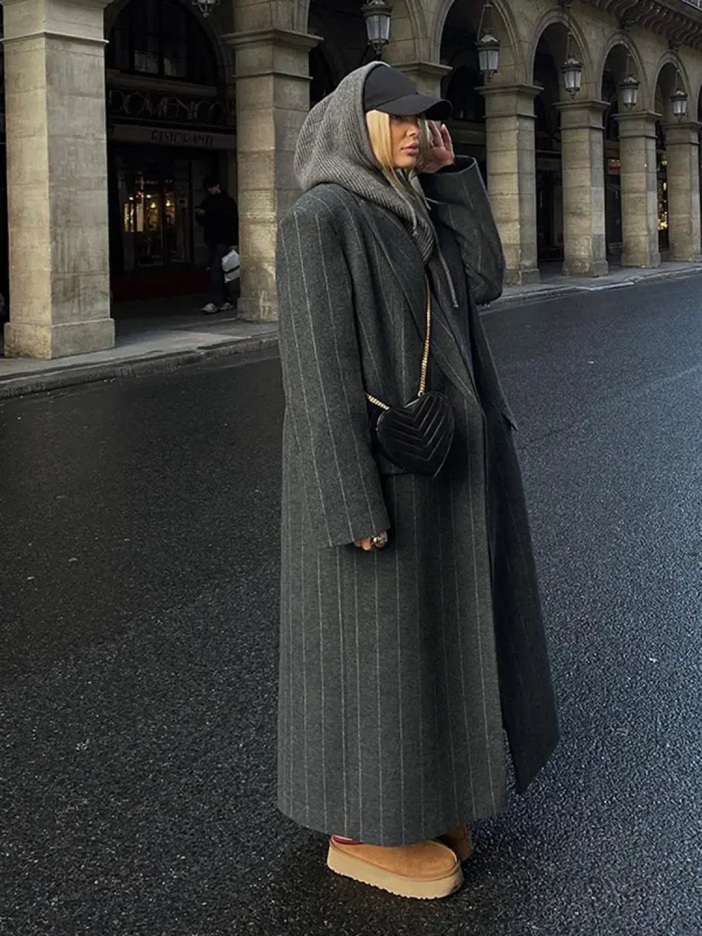 Fashion Dark Grey Stripe Lapel Double Breasted Overcoats