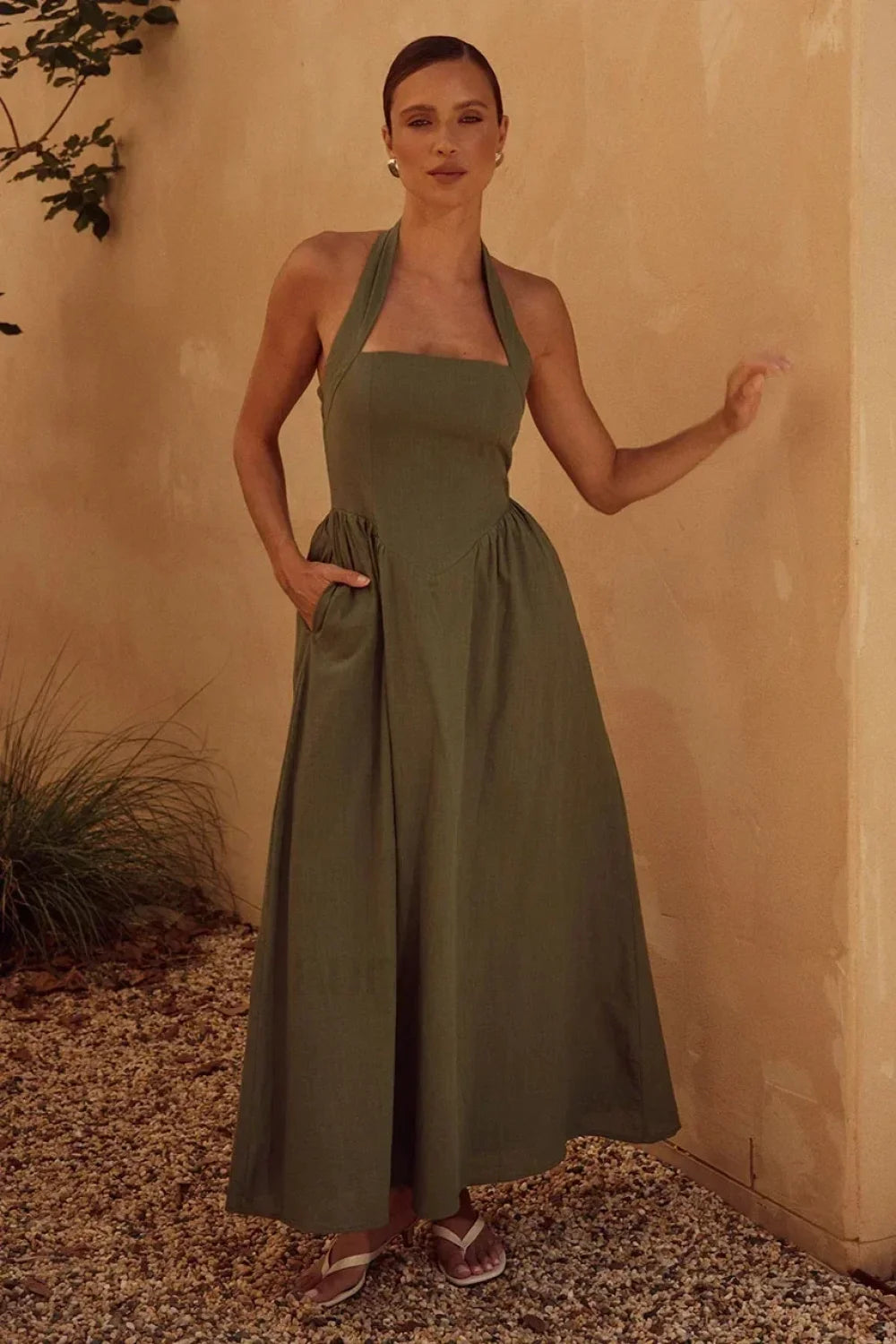 Fashion Elegant Long for Women New Wide Strap Halter Backless Maxi Dress green / S