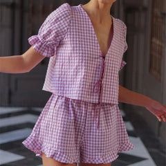 Fashion Gingham Tie Front Shirt Shorts Two Piece Set PURPLE / S