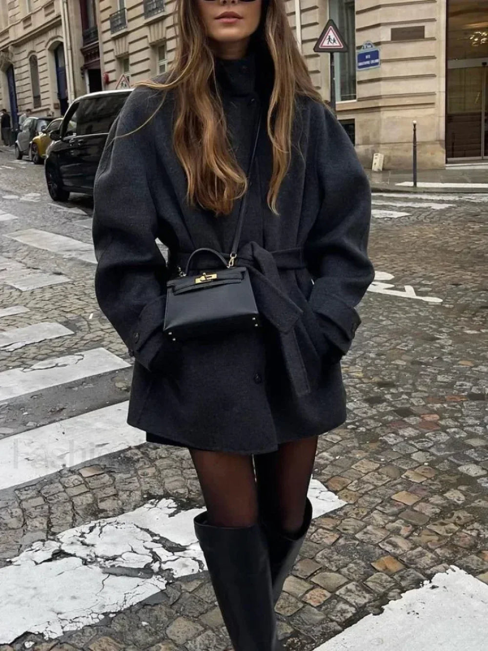 Fashion High Neck With Belt Woolen Overcoats