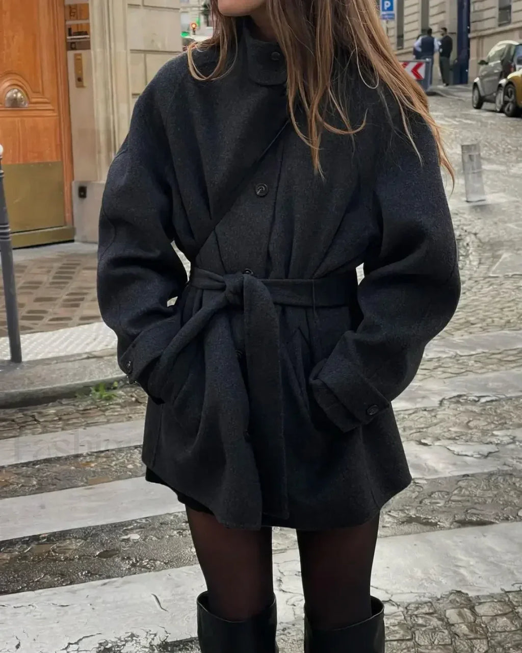 Fashion High Neck With Belt Woolen Overcoats Black / S