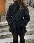 Fashion High Neck With Belt Woolen Overcoats Black / S