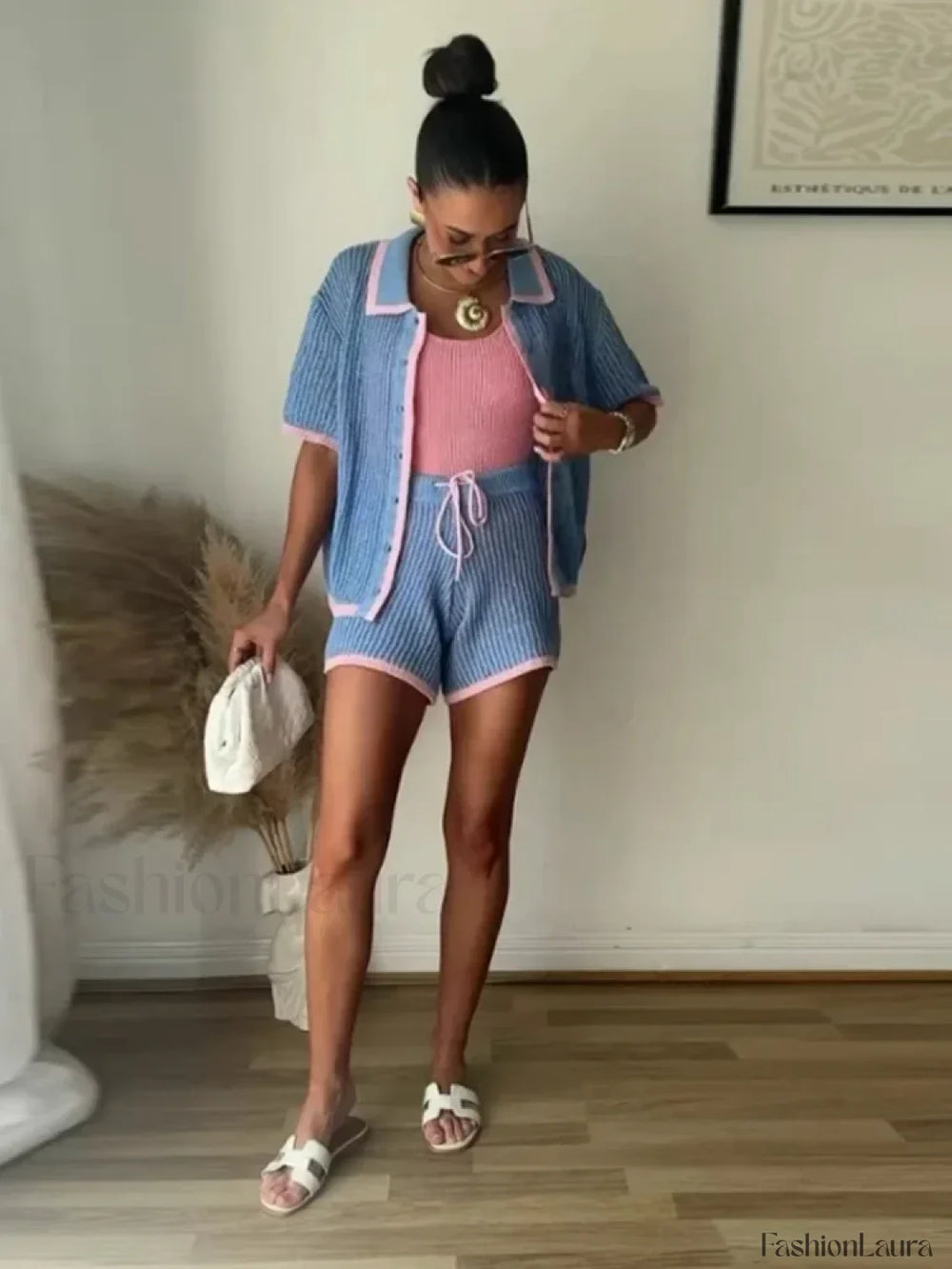 Fashion Knitted Stripe Shorts Two Piece Set