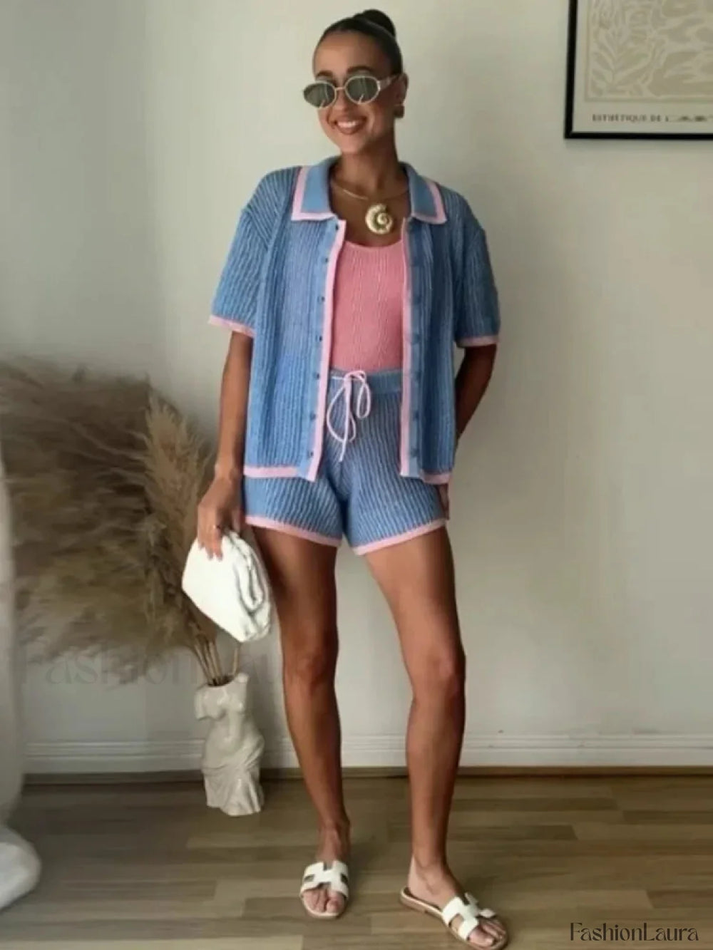 Fashion Knitted Stripe Shorts Two Piece Set Blue / S