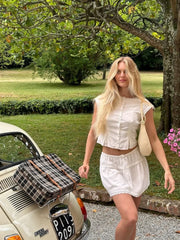 Fashion Lace O Neck Pleated Skirt Two Piece Set