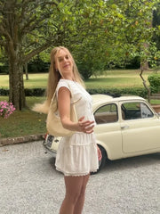 Fashion Lace O Neck Pleated Skirt Two Piece Set