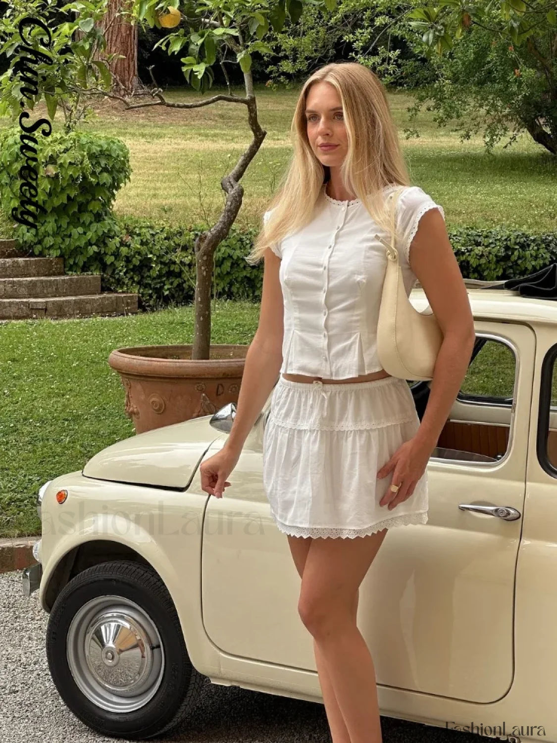 Fashion Lace O Neck Pleated Skirt Two Piece Set white skirts / S