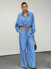 Fashion Long Sleeve Collar Pants Two Piece Set Blue / S