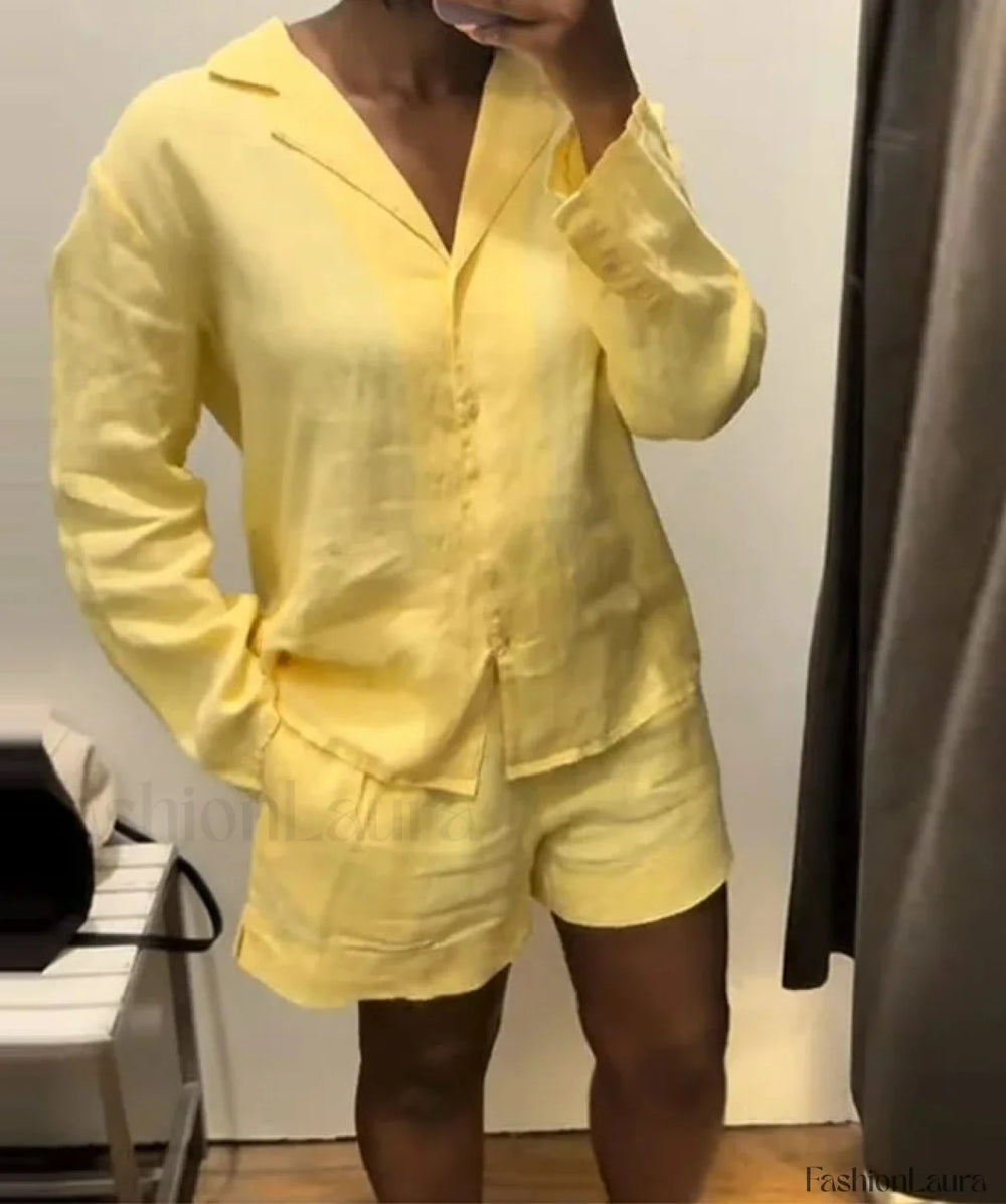 Fashion Long Sleeve Collar Shorts Two Piece Set Yellow / S
